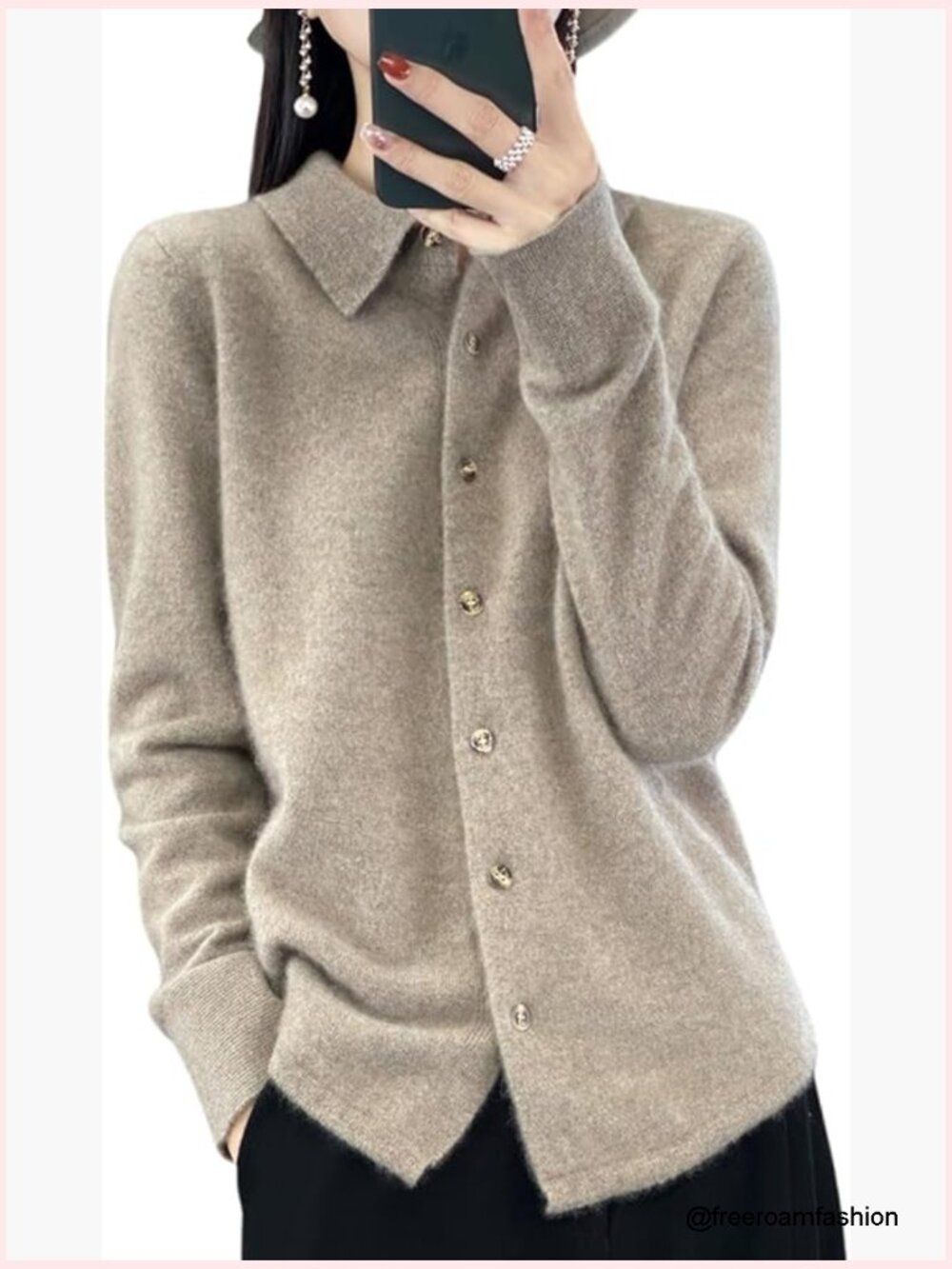 Women's Merino Wool Cardigan Sweater Fall Winter Soft Knitted Long Sleeve Polo